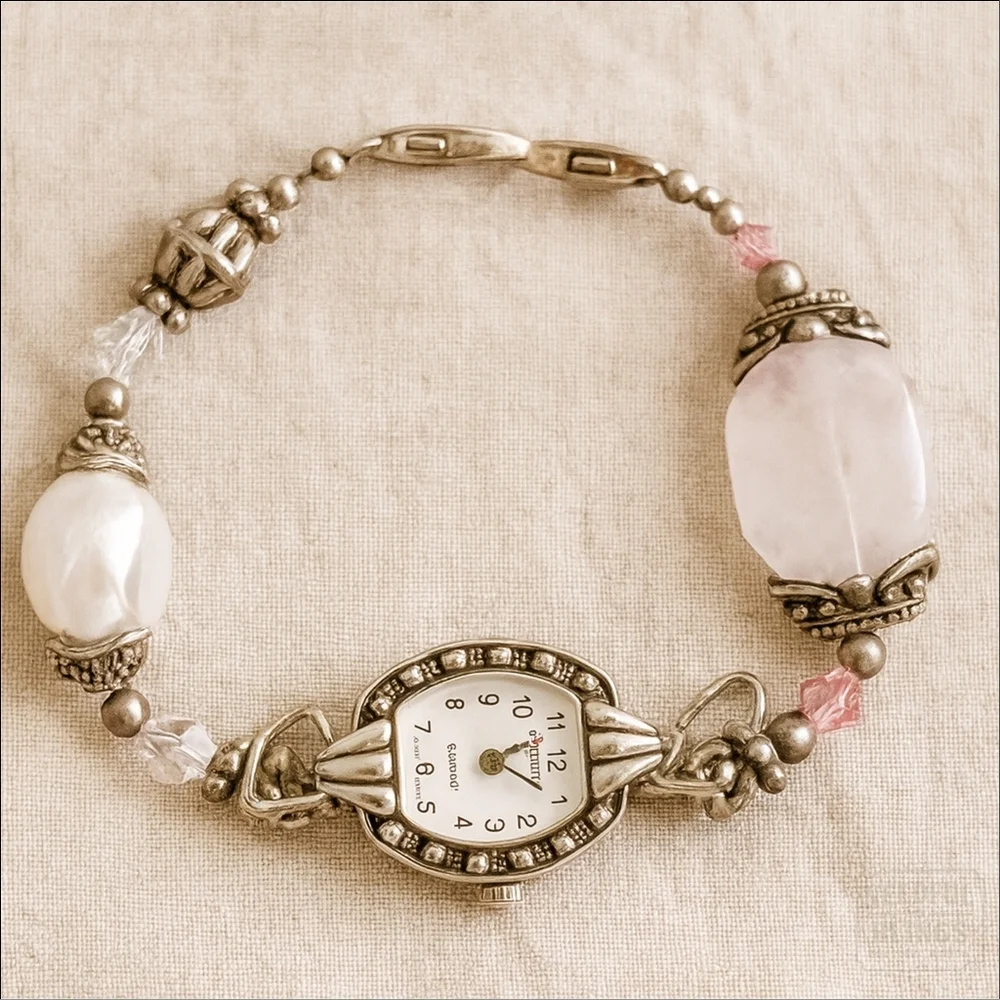 Geneva Oval Bracelet Watch Silver Tone Faux Pearl Beaded 25mm 7 Inch